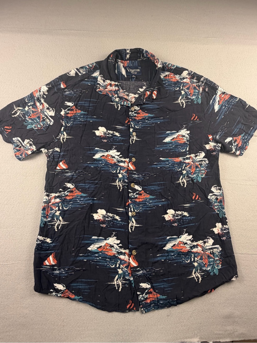 Visitor Casual Black Tropical Print Short Sleeve Button-Down Shirt Rayon